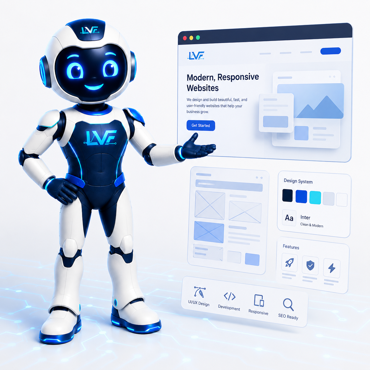 Mascota LVF presentando una landing profesional para creadores digitales
